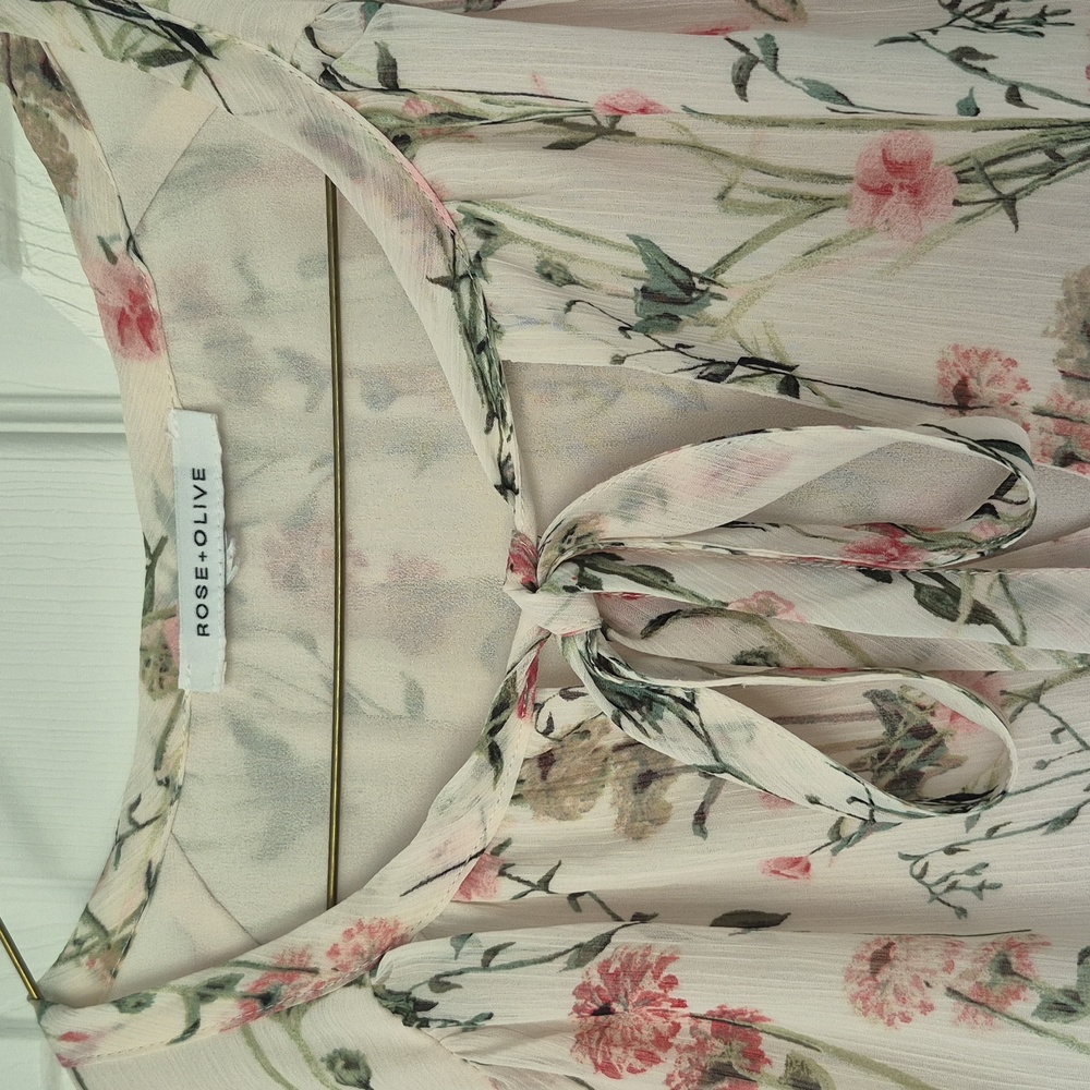 Rose + Olive Floral Long Sleeve Blouse | Cream Sheer Lined Top | Size Small - Picture 6 of 17